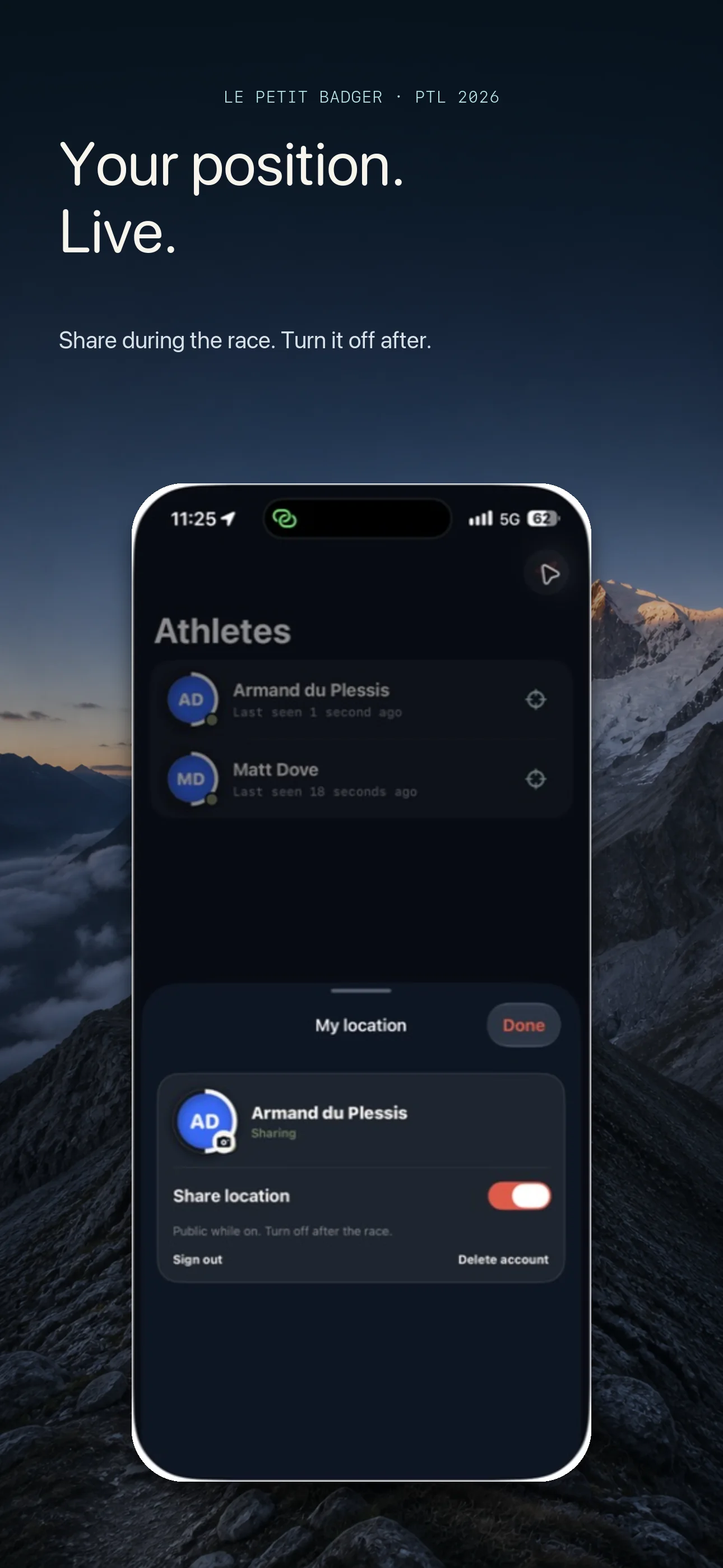 Controls for sharing an athlete's location during the race